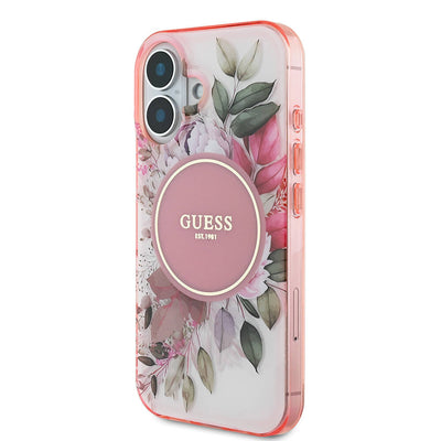 Apple iPhone 16 Kılıf Guess Orjinal Lisanslı Magsafe Şarj Özellikli IML Baskılı Yazı Logolu Flower Tonal Circle Kapak Pembe