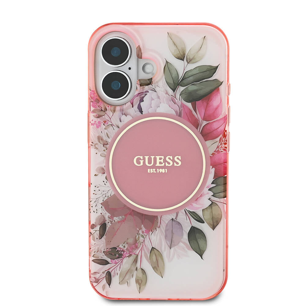 Apple iPhone 16 Kılıf Guess Orjinal Lisanslı Magsafe Şarj Özellikli IML Baskılı Yazı Logolu Flower Tonal Circle Kapak Pembe