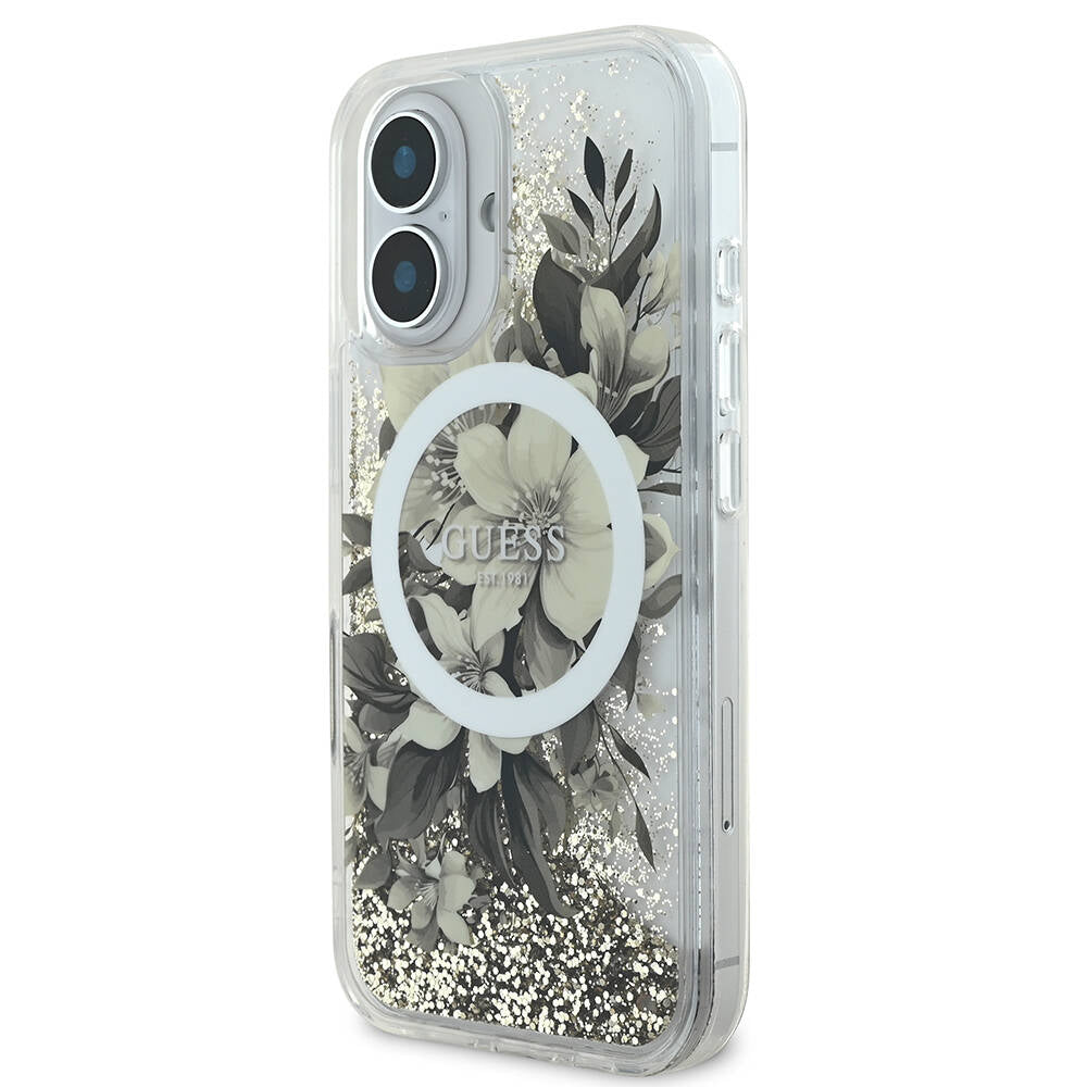 Apple iPhone 16 Kılıf Guess Orjinal Lisanslı Magsafe Şarj Özellikli LIQ Glitter Flower Kapak