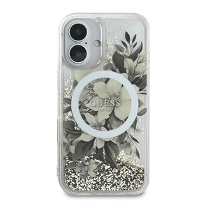 Apple iPhone 16 Kılıf Guess Orjinal Lisanslı Magsafe Şarj Özellikli LIQ Glitter Flower Kapak