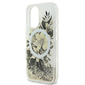 Apple iPhone 16 Kılıf Guess Orjinal Lisanslı Magsafe Şarj Özellikli LIQ Glitter Flower Kapak