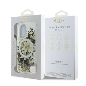 Apple iPhone 16 Kılıf Guess Orjinal Lisanslı Magsafe Şarj Özellikli LIQ Glitter Flower Kapak