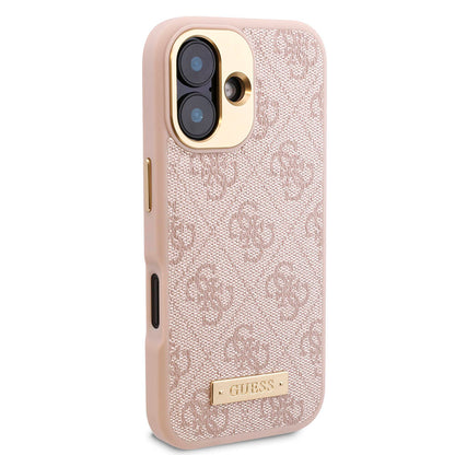iPhone 16 Kılıf Guess Orjinal Lisanslı M-safe Şarj Özellikli PU 4G Desenli Metal Plaka Klasik Logolu Kılıf