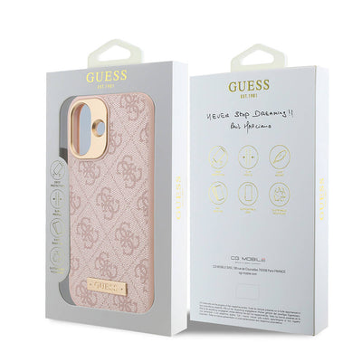 Apple iPhone 16 Kılıf Guess Orjinal Lisanslı Magsafe Şarj Özellikli PU 4G Desenli Metal Plaka Klasik Logolu Kapak Pembe