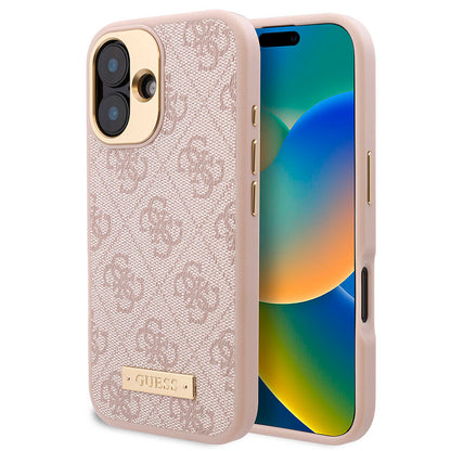 iPhone 16 Kılıf Guess Orjinal Lisanslı M-safe Şarj Özellikli PU 4G Desenli Metal Plaka Klasik Logolu Kılıf