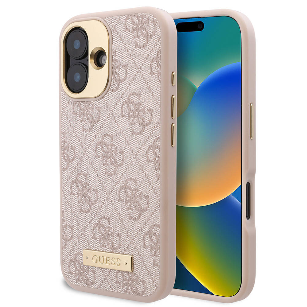 iPhone 16 Kılıf Guess Orjinal Lisanslı M-safe Şarj Özellikli PU 4G Desenli Metal Plaka Klasik Logolu Kılıf