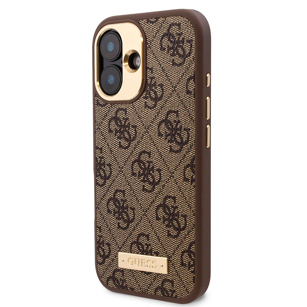 iPhone 16 Kılıf Guess Orjinal Lisanslı M-safe Şarj Özellikli PU 4G Desenli Metal Plaka Klasik Logolu Kılıf