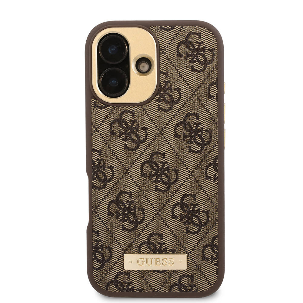 iPhone 16 Kılıf Guess Orjinal Lisanslı M-safe Şarj Özellikli PU 4G Desenli Metal Plaka Klasik Logolu Kılıf