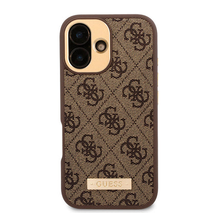 iPhone 16 Kılıf Guess Orjinal Lisanslı M-safe Şarj Özellikli PU 4G Desenli Metal Plaka Klasik Logolu Kılıf