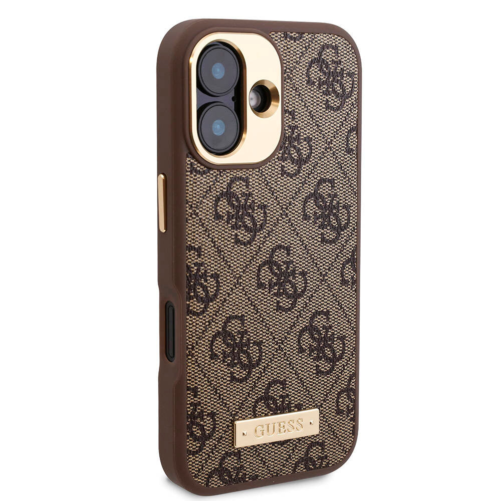 iPhone 16 Kılıf Guess Orjinal Lisanslı M-safe Şarj Özellikli PU 4G Desenli Metal Plaka Klasik Logolu Kılıf