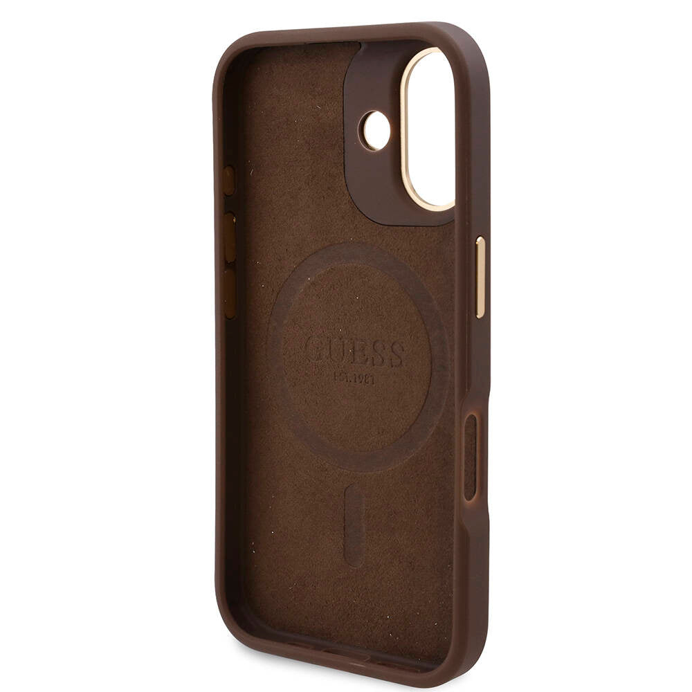 iPhone 16 Kılıf Guess Orjinal Lisanslı M-safe Şarj Özellikli PU 4G Desenli Metal Plaka Klasik Logolu Kılıf