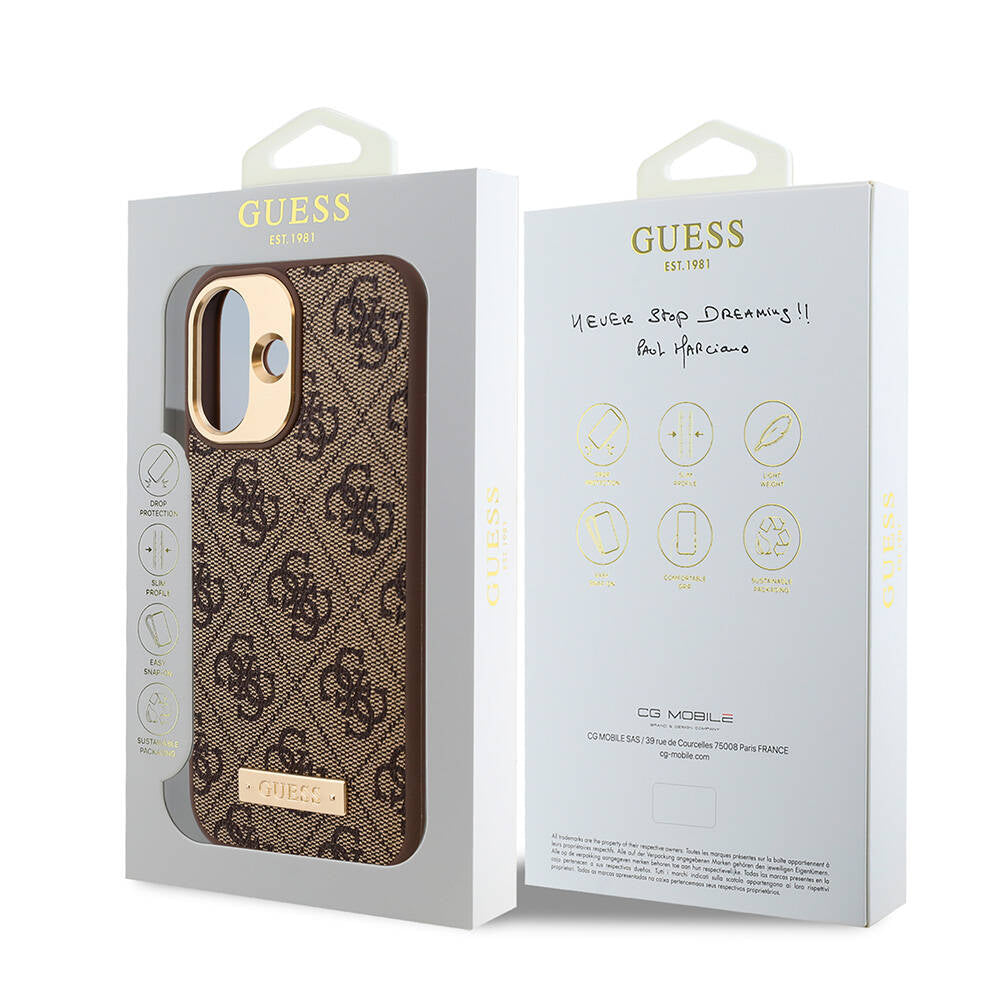 iPhone 16 Kılıf Guess Orjinal Lisanslı M-safe Şarj Özellikli PU 4G Desenli Metal Plaka Klasik Logolu Kılıf