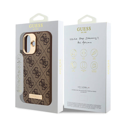 iPhone 16 Kılıf Guess Orjinal Lisanslı M-safe Şarj Özellikli PU 4G Desenli Metal Plaka Klasik Logolu Kılıf