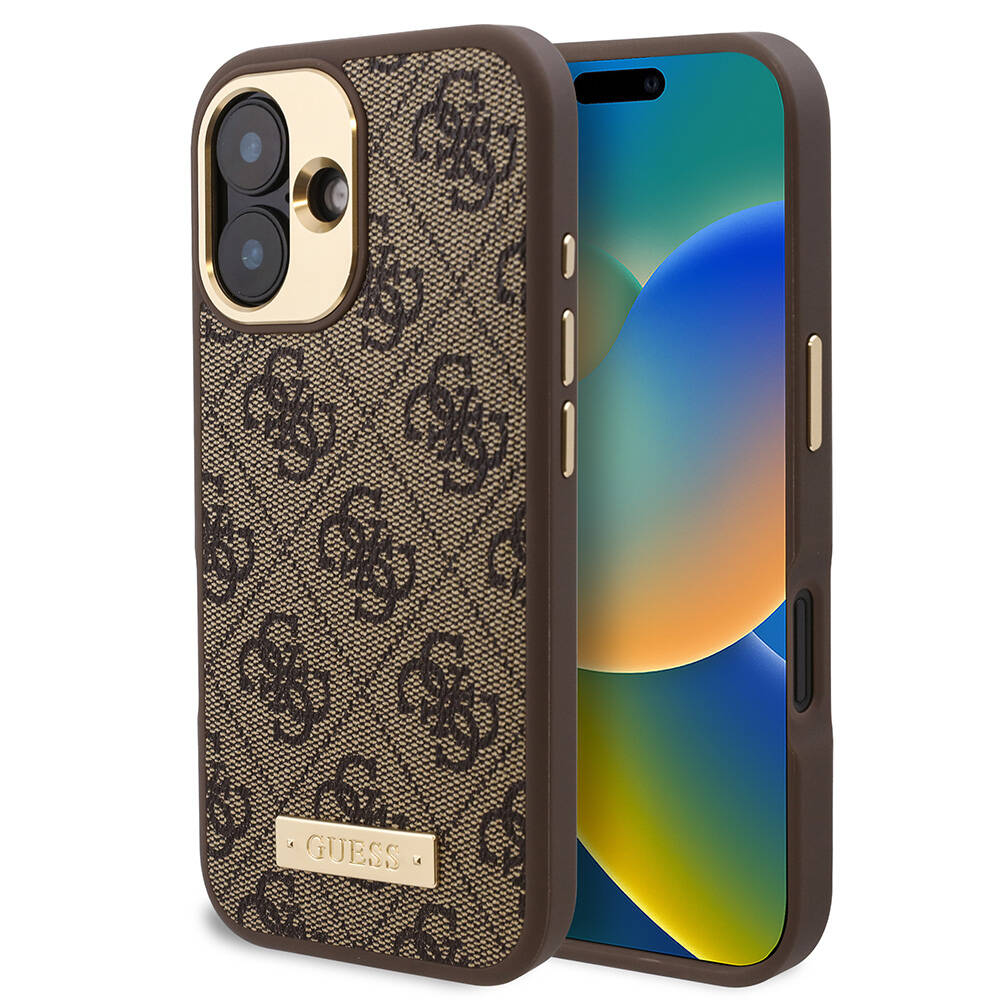 iPhone 16 Kılıf Guess Orjinal Lisanslı M-safe Şarj Özellikli PU 4G Desenli Metal Plaka Klasik Logolu Kılıf