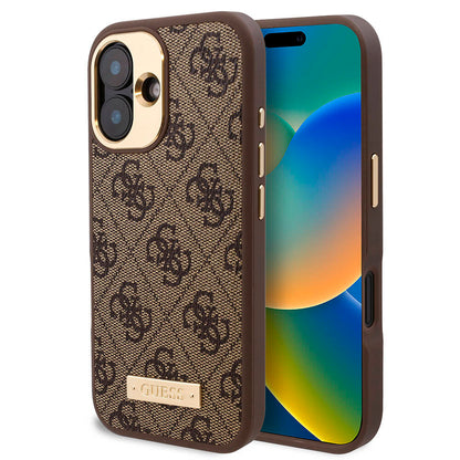 iPhone 16 Kılıf Guess Orjinal Lisanslı M-safe Şarj Özellikli PU 4G Desenli Metal Plaka Klasik Logolu Kılıf