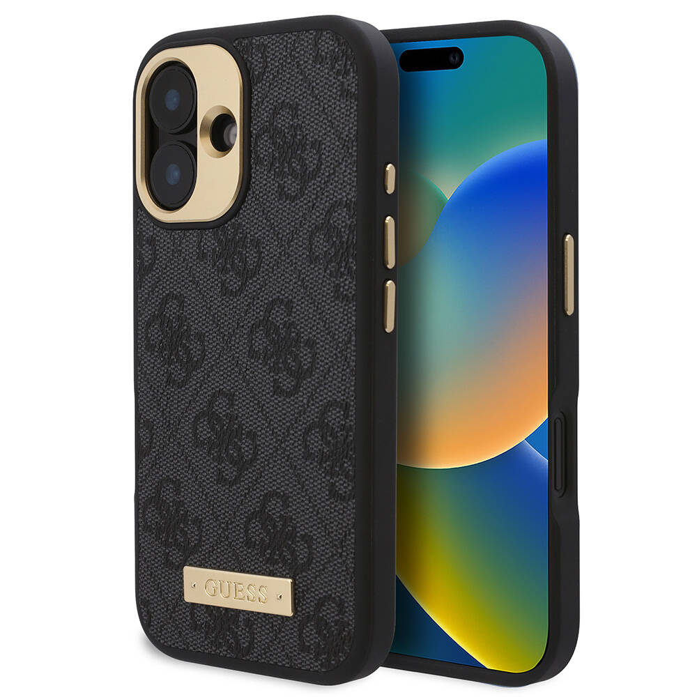 iPhone 16 Kılıf Guess Orjinal Lisanslı M-safe Şarj Özellikli PU 4G Desenli Metal Plaka Klasik Logolu Kılıf