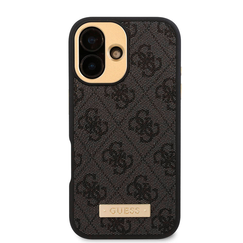 iPhone 16 Kılıf Guess Orjinal Lisanslı M-safe Şarj Özellikli PU 4G Desenli Metal Plaka Klasik Logolu Kılıf