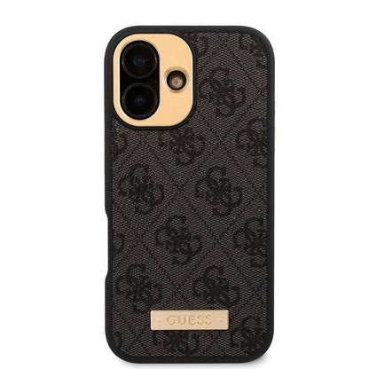 iPhone 16 Kılıf Guess Orjinal Lisanslı M-safe Şarj Özellikli PU 4G Desenli Metal Plaka Klasik Logolu Kılıf