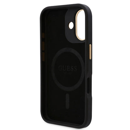 iPhone 16 Kılıf Guess Orjinal Lisanslı M-safe Şarj Özellikli PU 4G Desenli Metal Plaka Klasik Logolu Kılıf