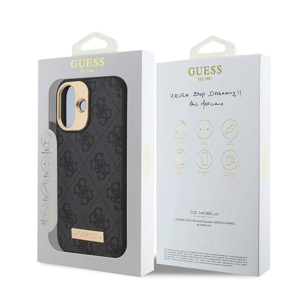 iPhone 16 Kılıf Guess Orjinal Lisanslı M-safe Şarj Özellikli PU 4G Desenli Metal Plaka Klasik Logolu Kılıf