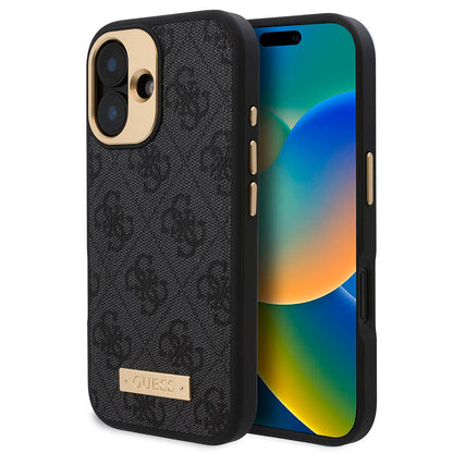 iPhone 16 Kılıf Guess Orjinal Lisanslı M-safe Şarj Özellikli PU 4G Desenli Metal Plaka Klasik Logolu Kılıf
