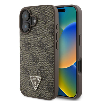 iPhone 16 Kılıf Guess Orjinal Lisanslı M-safe Şarj Özellikli PU Deri 4G Desenli Taşlı Üçgen Logolu Kılıf