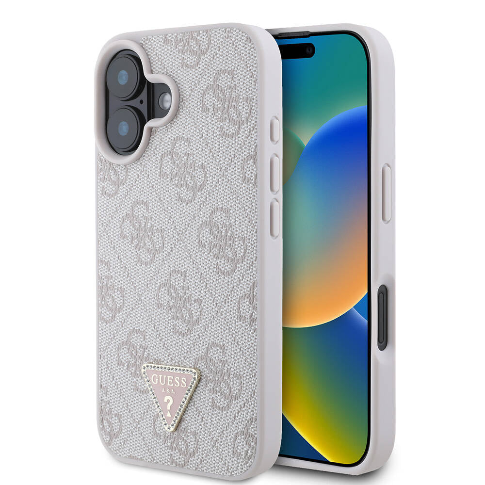 iPhone 16 Kılıf Guess Orjinal Lisanslı M-safe Şarj Özellikli PU Deri 4G Desenli Taşlı Üçgen Logolu Kılıf