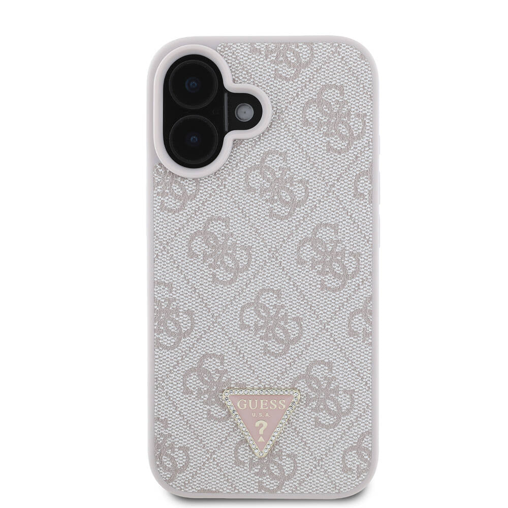 iPhone 16 Kılıf Guess Orjinal Lisanslı M-safe Şarj Özellikli PU Deri 4G Desenli Taşlı Üçgen Logolu Kılıf