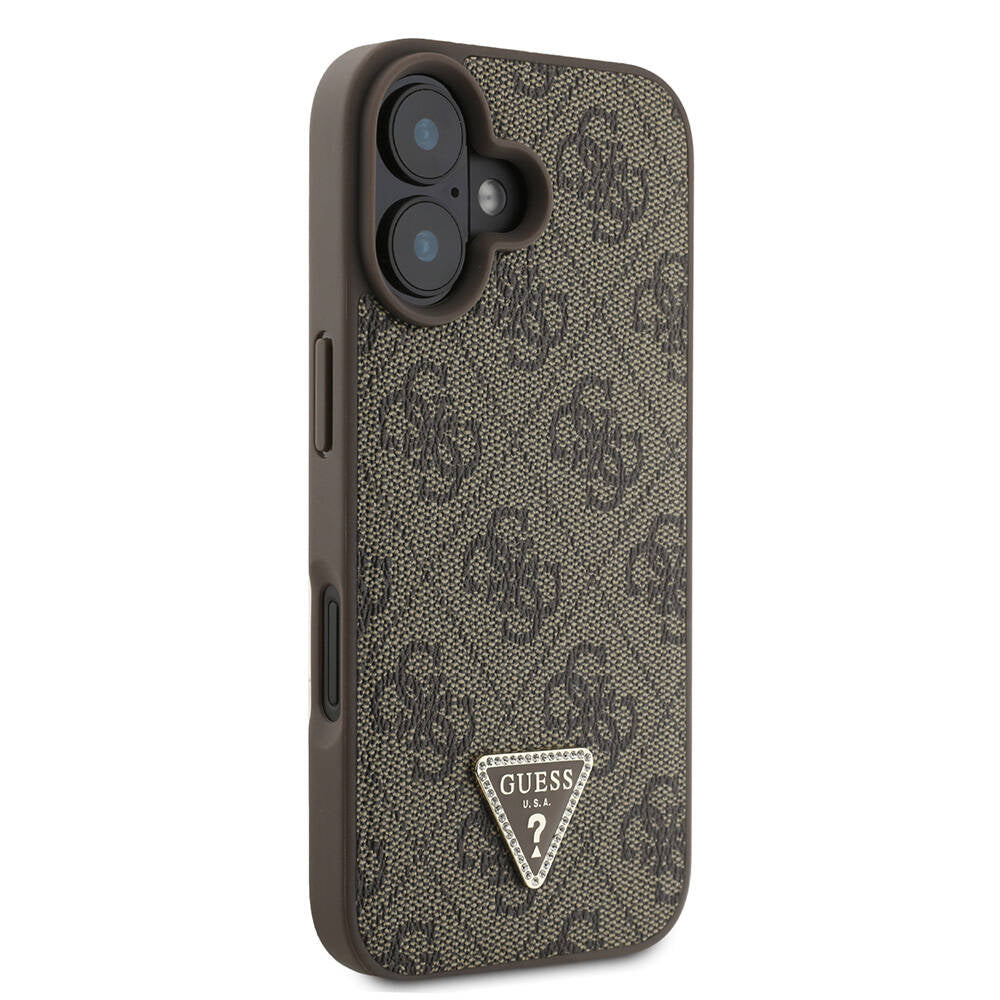 iPhone 16 Kılıf Guess Orjinal Lisanslı M-safe Şarj Özellikli PU Deri 4G Desenli Taşlı Üçgen Logolu Kılıf