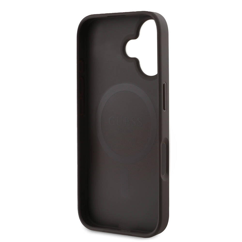iPhone 16 Kılıf Guess Orjinal Lisanslı M-safe Şarj Özellikli PU Deri 4G Desenli Taşlı Üçgen Logolu Kılıf
