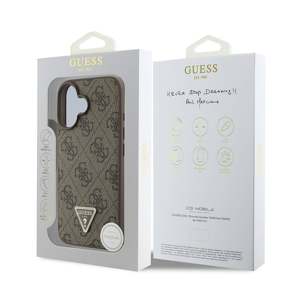 iPhone 16 Kılıf Guess Orjinal Lisanslı M-safe Şarj Özellikli PU Deri 4G Desenli Taşlı Üçgen Logolu Kılıf