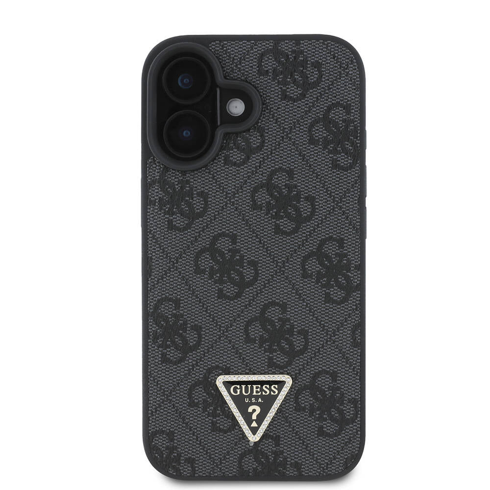 iPhone 16 Kılıf Guess Orjinal Lisanslı M-safe Şarj Özellikli PU Deri 4G Desenli Taşlı Üçgen Logolu Kılıf