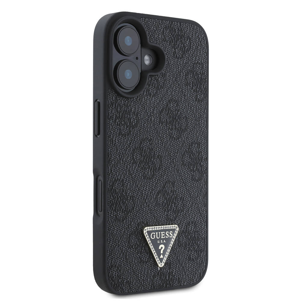 iPhone 16 Kılıf Guess Orjinal Lisanslı M-safe Şarj Özellikli PU Deri 4G Desenli Taşlı Üçgen Logolu Kılıf
