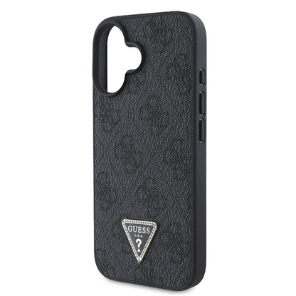 iPhone 16 Kılıf Guess Orjinal Lisanslı M-safe Şarj Özellikli PU Deri 4G Desenli Taşlı Üçgen Logolu Kılıf
