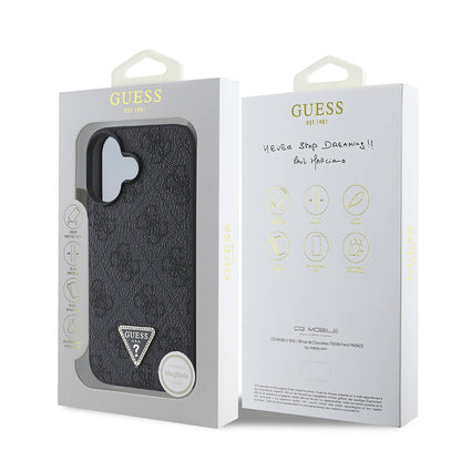 iPhone 16 Kılıf Guess Orjinal Lisanslı M-safe Şarj Özellikli PU Deri 4G Desenli Taşlı Üçgen Logolu Kılıf
