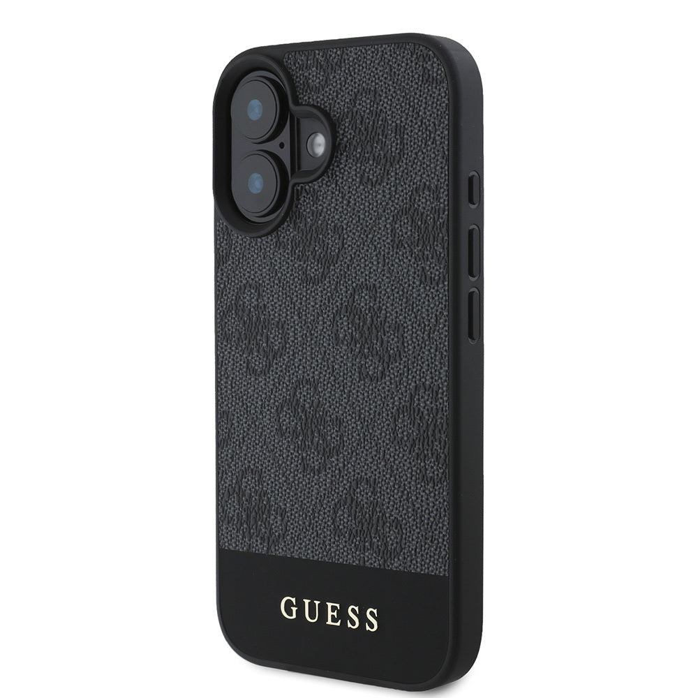 Apple iPhone 16 Kılıf Guess Orjinal Lisanslı Magsafe Şarj Özellikli PU Deri Şerit Logo Dizaynlı Kapak Siyah