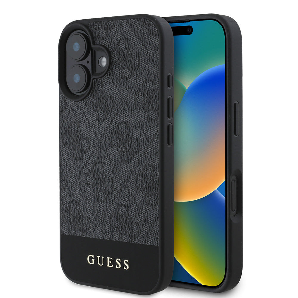 Apple iPhone 16 Kılıf Guess Orjinal Lisanslı Magsafe Şarj Özellikli PU Deri Şerit Logo Dizaynlı Kapak Siyah