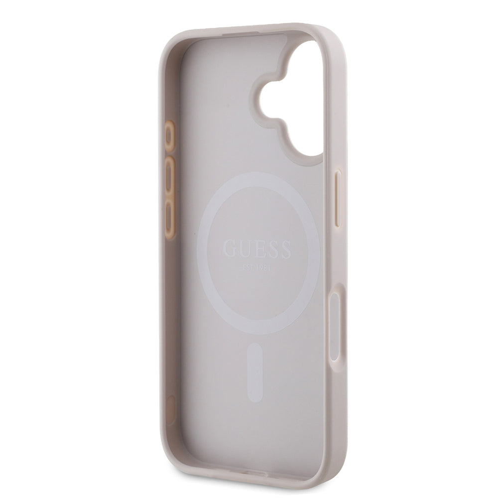 Apple iPhone 16 Kılıf Guess Orjinal Lisanslı Magsafe Şarj Özellikli PU Üçgen Logo 4G Desenli Kapak Pembe