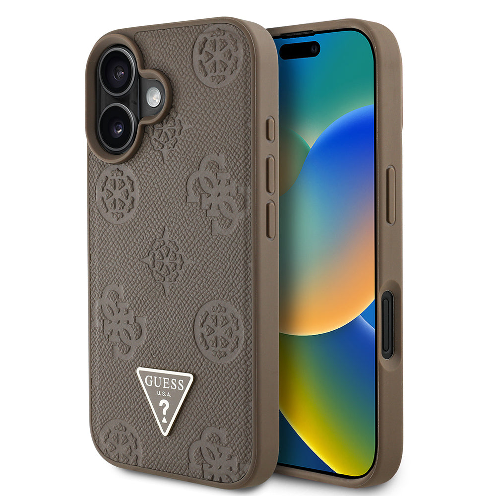 Apple iPhone 16 Kılıf Guess Orjinal Lisanslı M-safe Şarj Özellikli Sıcak Baskılı Üçgen Logolu PU Deri Peony Kapak Pembe