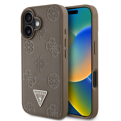 Apple iPhone 16 Kılıf Guess Orjinal Lisanslı M-safe Şarj Özellikli Sıcak Baskılı Üçgen Logolu PU Deri Peony Kapak Pembe
