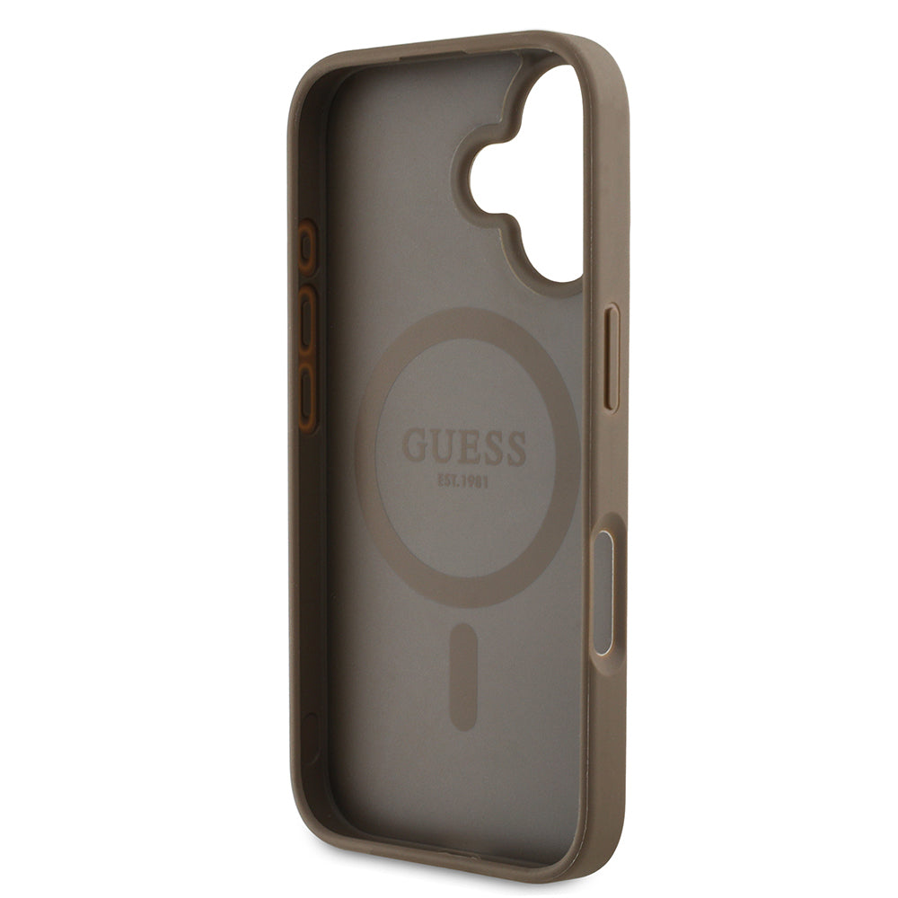 Apple iPhone 16 Kılıf Guess Orjinal Lisanslı M-safe Şarj Özellikli Sıcak Baskılı Üçgen Logolu PU Deri Peony Kapak Siyah