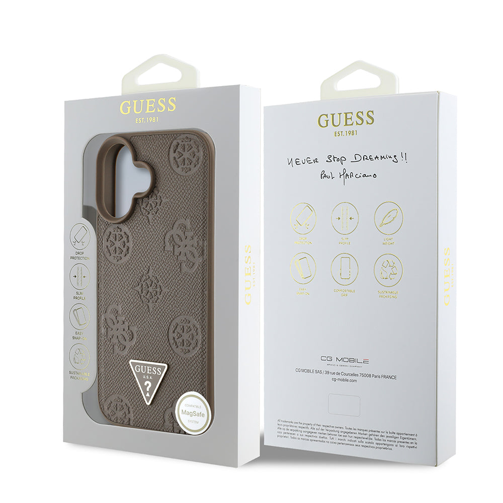 iPhone 16 Kılıf Guess Orjinal Lisanslı M-safe Şarj Özellikli Sıcak Baskılı Üçgen Logolu PU Deri Peony Kılıf