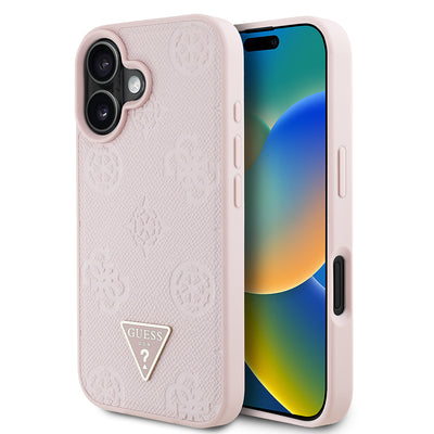 Apple iPhone 16 Kılıf Guess Orjinal Lisanslı M-safe Şarj Özellikli Sıcak Baskılı Üçgen Logolu PU Deri Peony Kapak Pembe