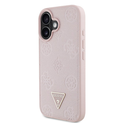 Apple iPhone 16 Kılıf Guess Orjinal Lisanslı M-safe Şarj Özellikli Sıcak Baskılı Üçgen Logolu PU Deri Peony Kapak Pembe
