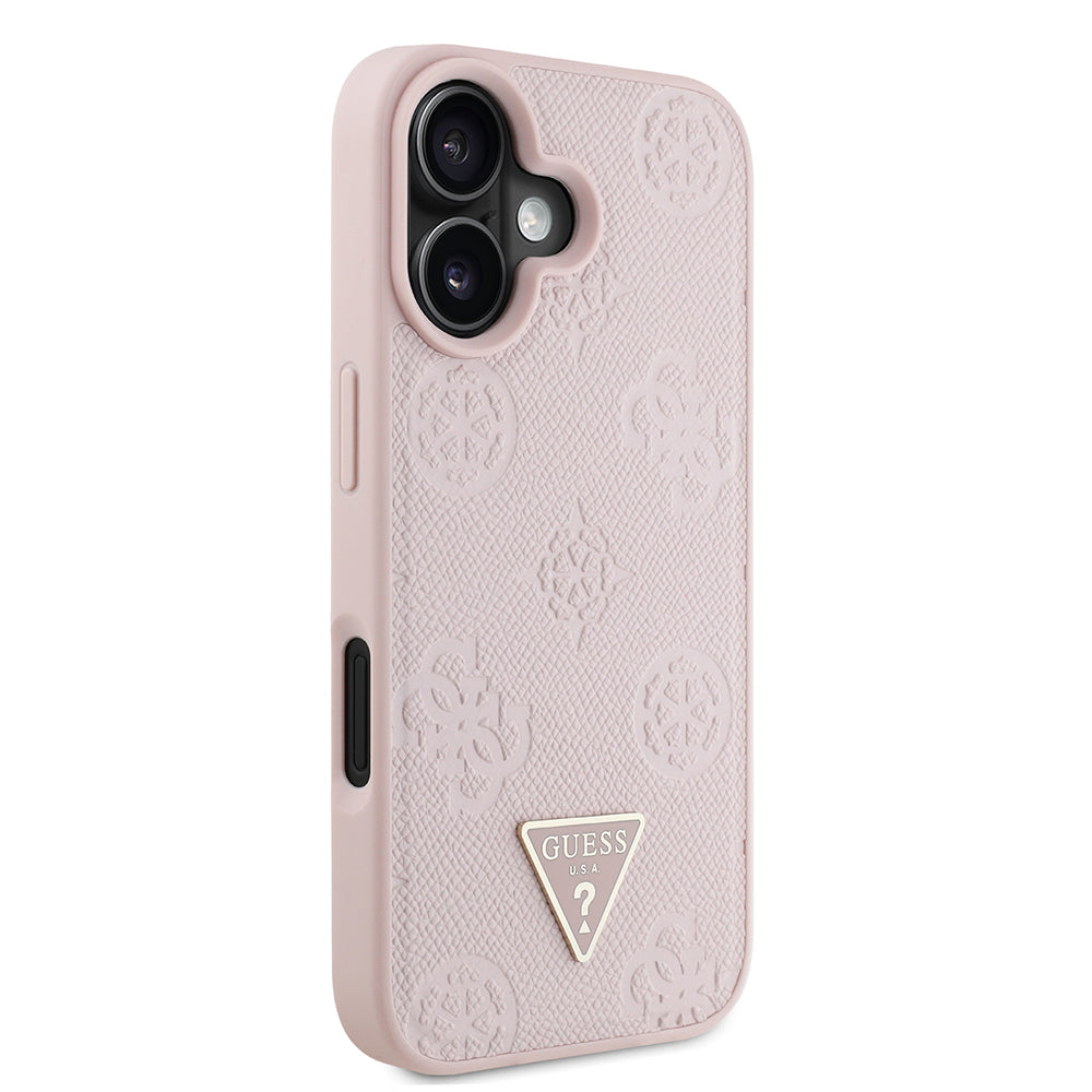 Apple iPhone 16 Kılıf Guess Orjinal Lisanslı M-safe Şarj Özellikli Sıcak Baskılı Üçgen Logolu PU Deri Peony Kapak Pembe