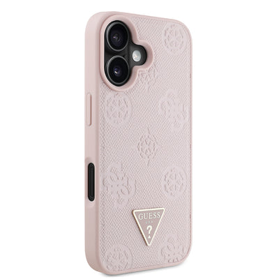 Apple iPhone 16 Kılıf Guess Orjinal Lisanslı M-safe Şarj Özellikli Sıcak Baskılı Üçgen Logolu PU Deri Peony Kapak Pembe