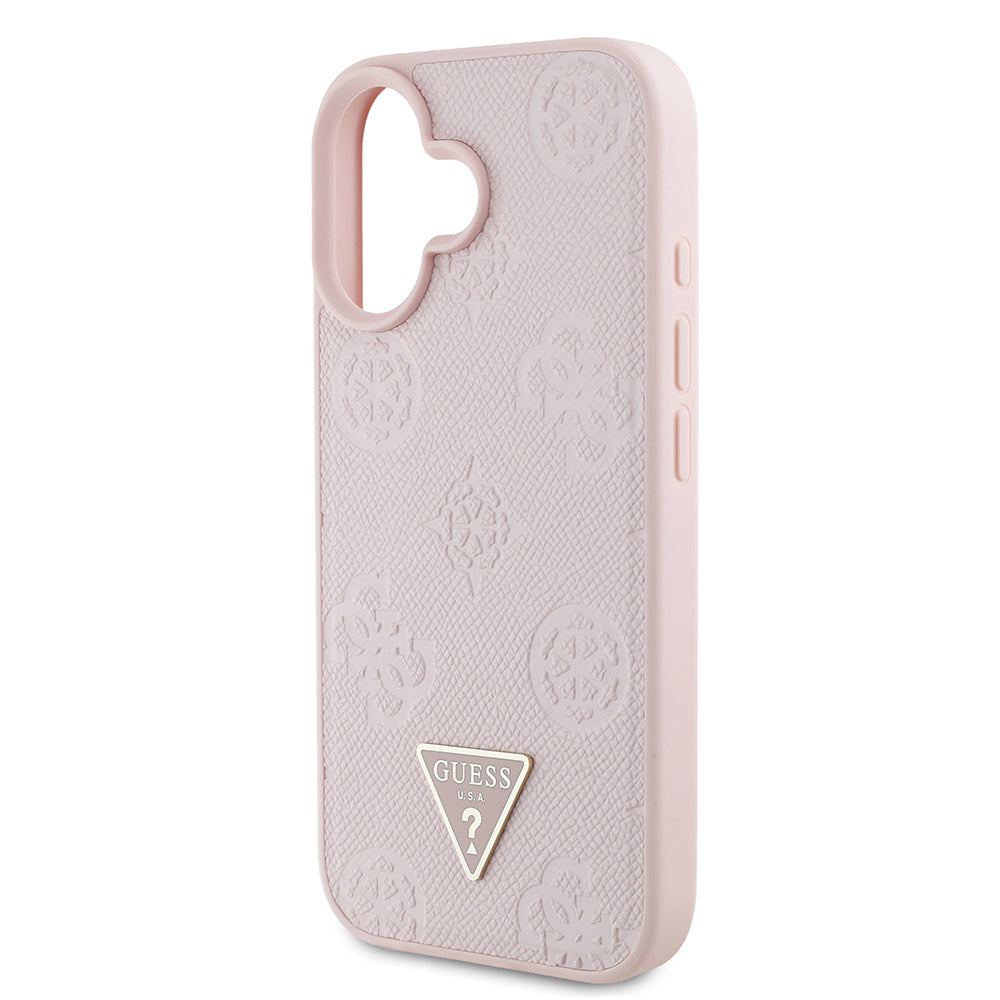 Apple iPhone 16 Kılıf Guess Orjinal Lisanslı M-safe Şarj Özellikli Sıcak Baskılı Üçgen Logolu PU Deri Peony Kapak Siyah