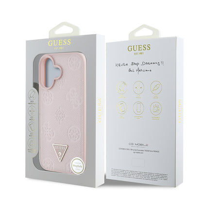 iPhone 16 Kılıf Guess Orjinal Lisanslı M-safe Şarj Özellikli Sıcak Baskılı Üçgen Logolu PU Deri Peony Kılıf