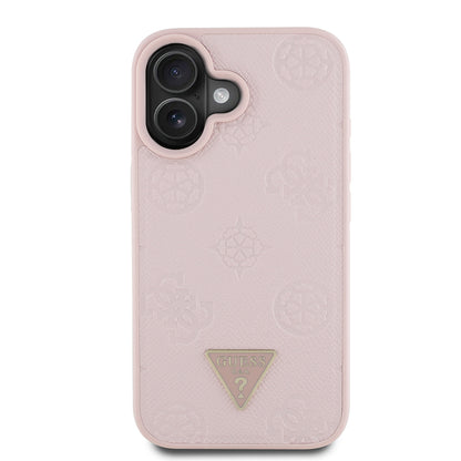 iPhone 16 Kılıf Guess Orjinal Lisanslı M-safe Şarj Özellikli Sıcak Baskılı Üçgen Logolu PU Deri Peony Kılıf