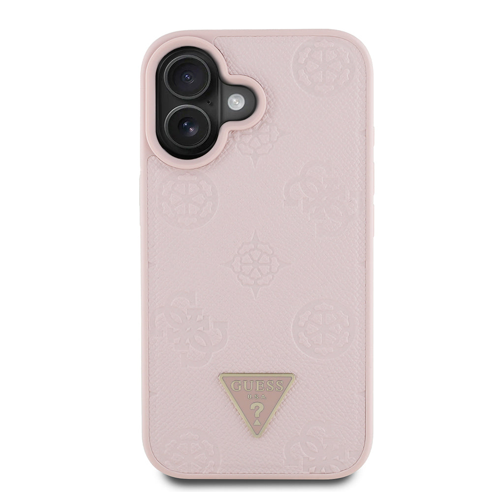 Apple iPhone 16 Kılıf Guess Orjinal Lisanslı M-safe Şarj Özellikli Sıcak Baskılı Üçgen Logolu PU Deri Peony Kapak Pembe